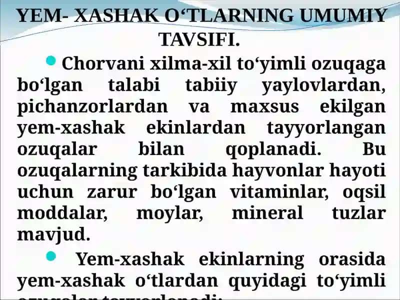 YEM-XASHAK O‘TLAR. YEM-XASHAK O‘TLAR AHAMIYATI. BEDA BIOLOGIYASI VA YETISHTIRISH TEXNOLOGIYASI 2
