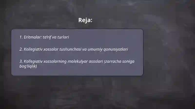 Eritmalar.Kollegiativ xossalar. Osmos hodisasi va osmatik bosm 2
