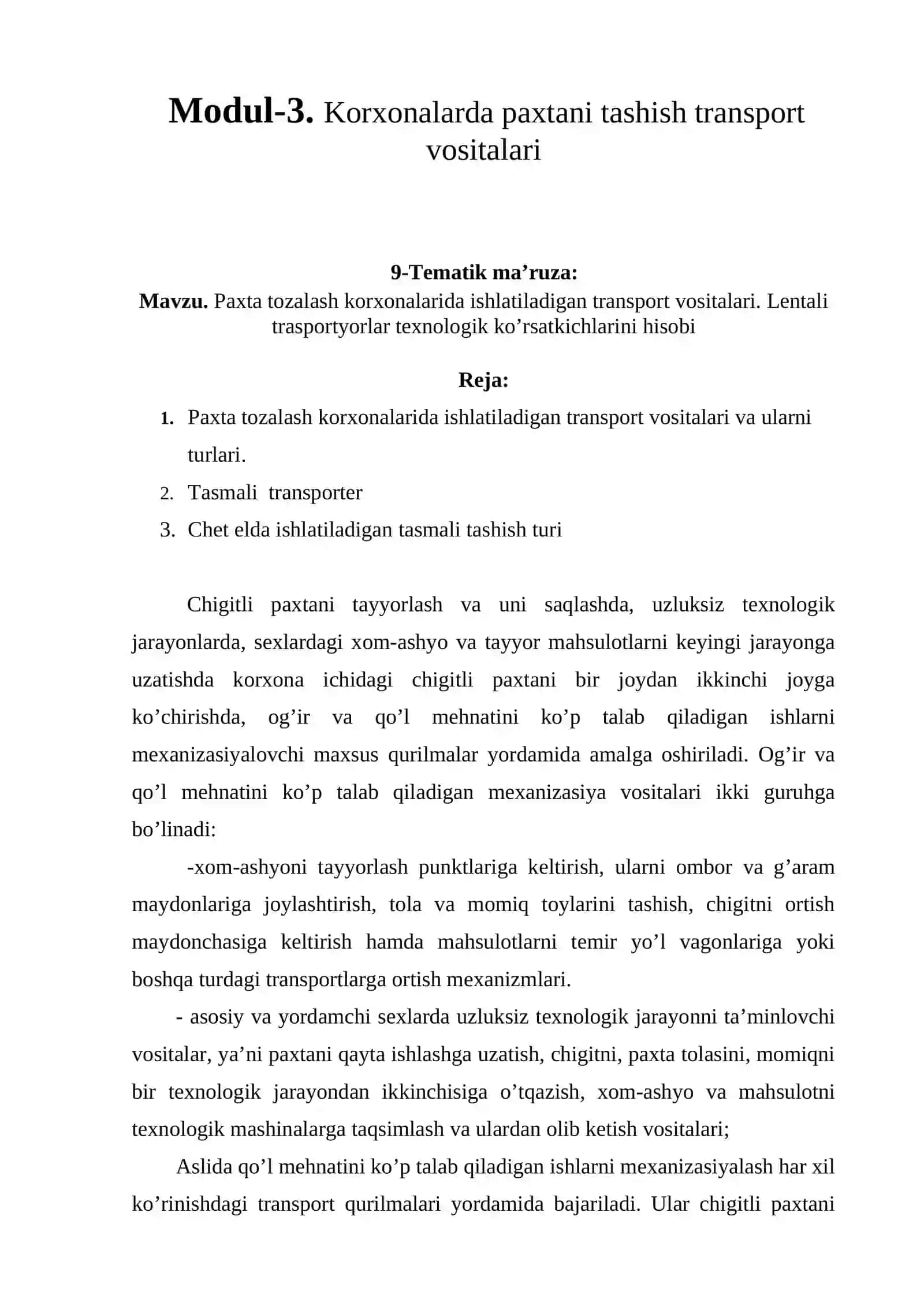 Modul-3. Korxonalarda paxtani tashish transport vositalari 2