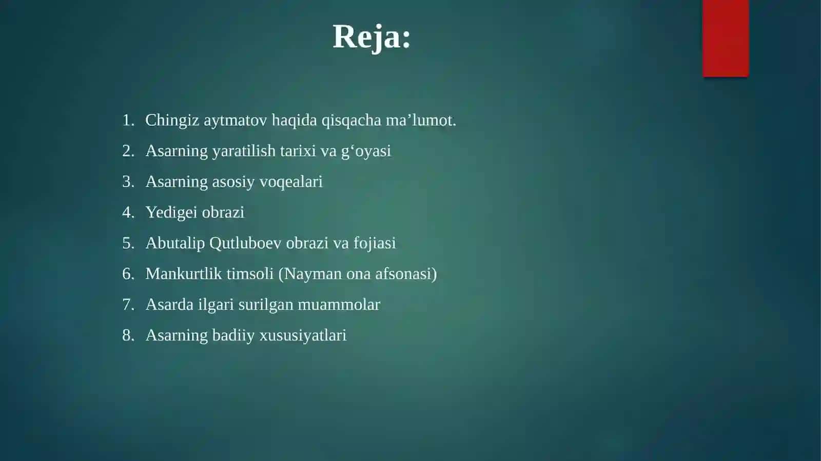 Chingiz Aytmatovning “Asrgatatigulikkun” asari haqida 2