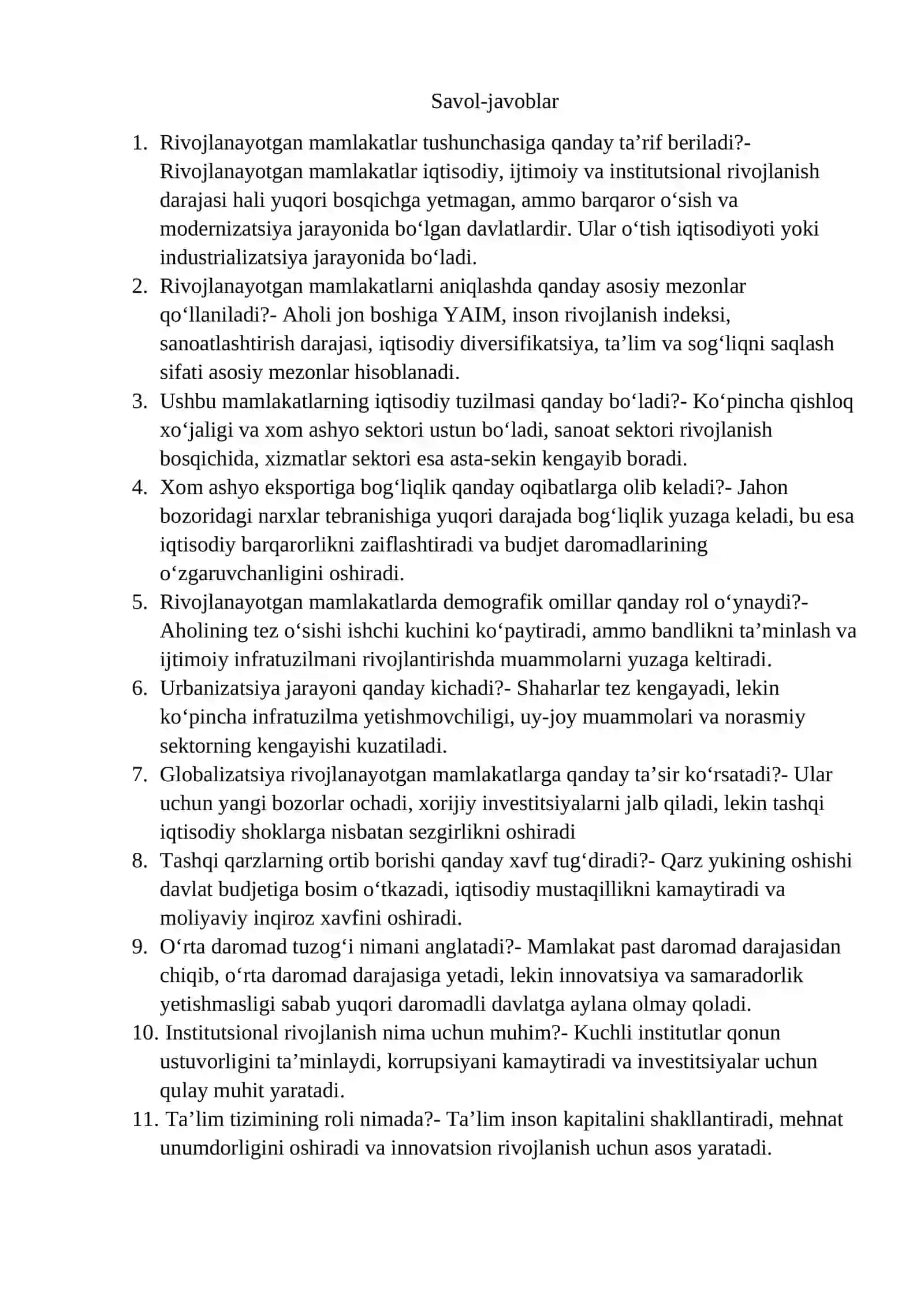 True/False+ Savol javob: Jahon iqtisodiyotida rivojlanayotgan mamlakatlar roli 2
