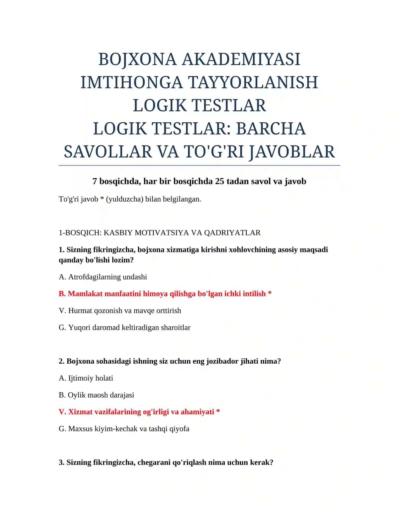 BOJXONA AKADEMIYASI IMTIHONGA TAYYORLANISH LOGIK TESTLAR 2