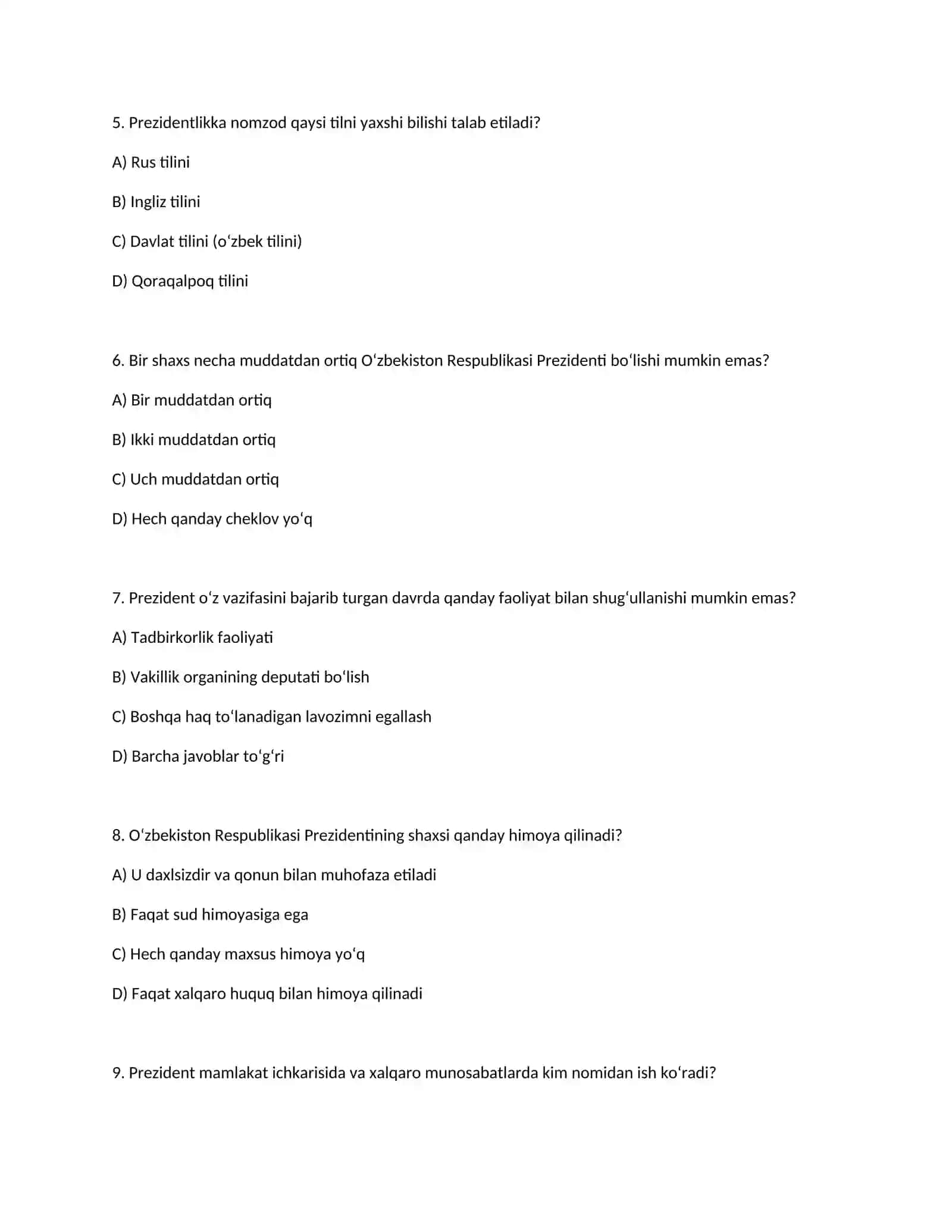 Oʻzbekiston Respublikasi Prezidentining maqomi va saylovi boʻyicha savol-javoblar 2