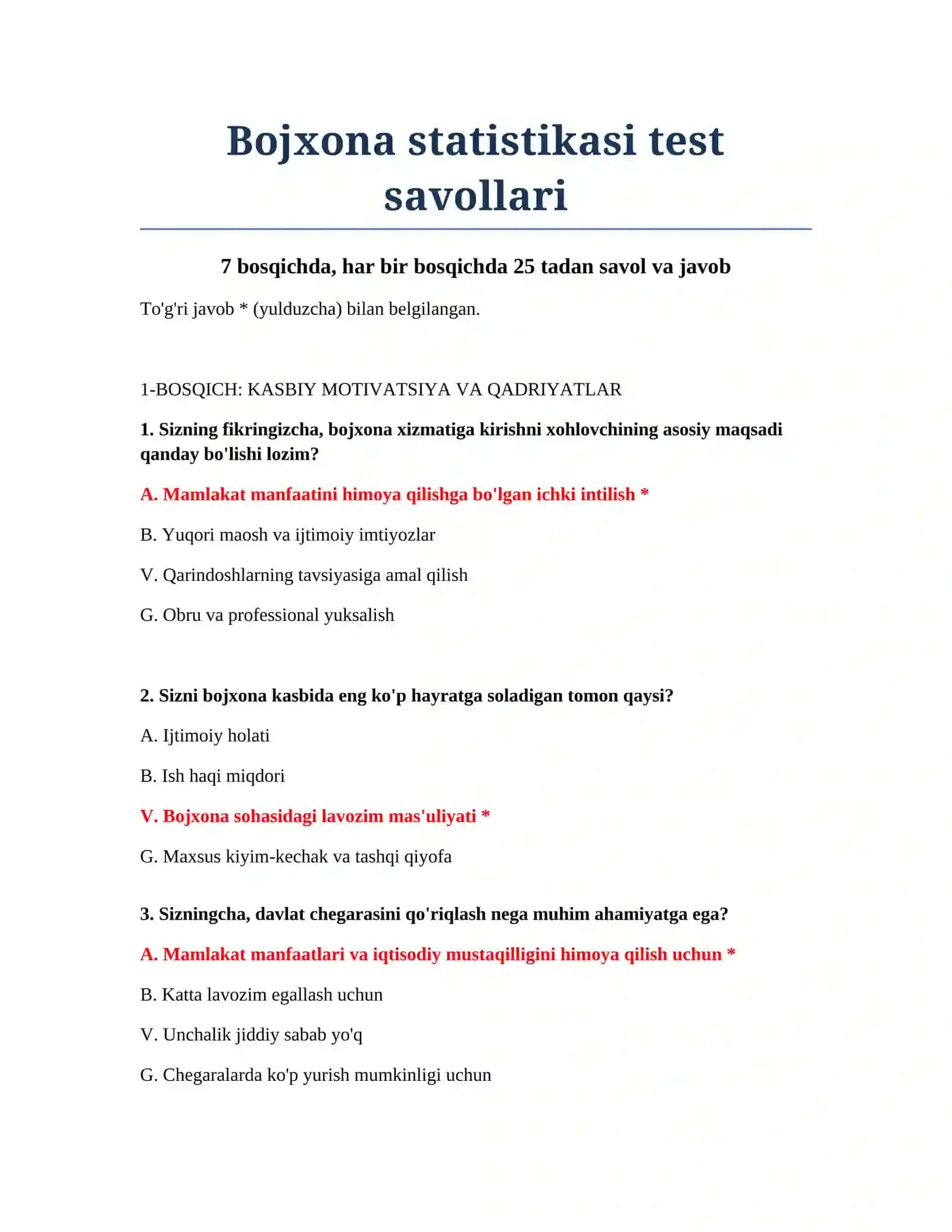 Bojxona statistikasi test savollari 2