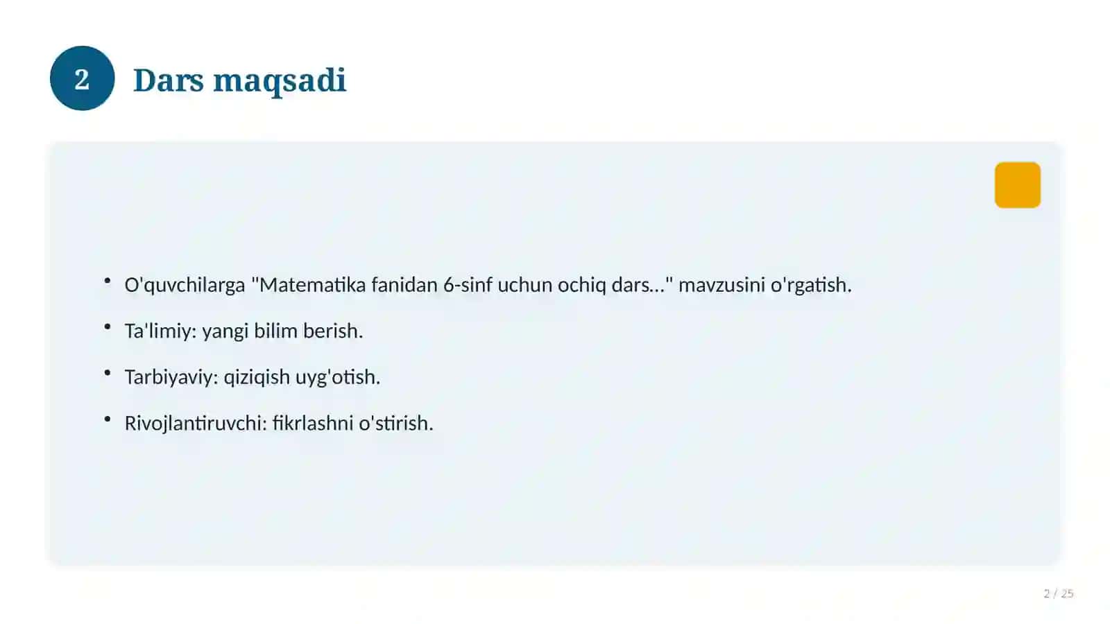 Matematika fanidan 6-sinf uchun ochiq dars ishlanmasi 2