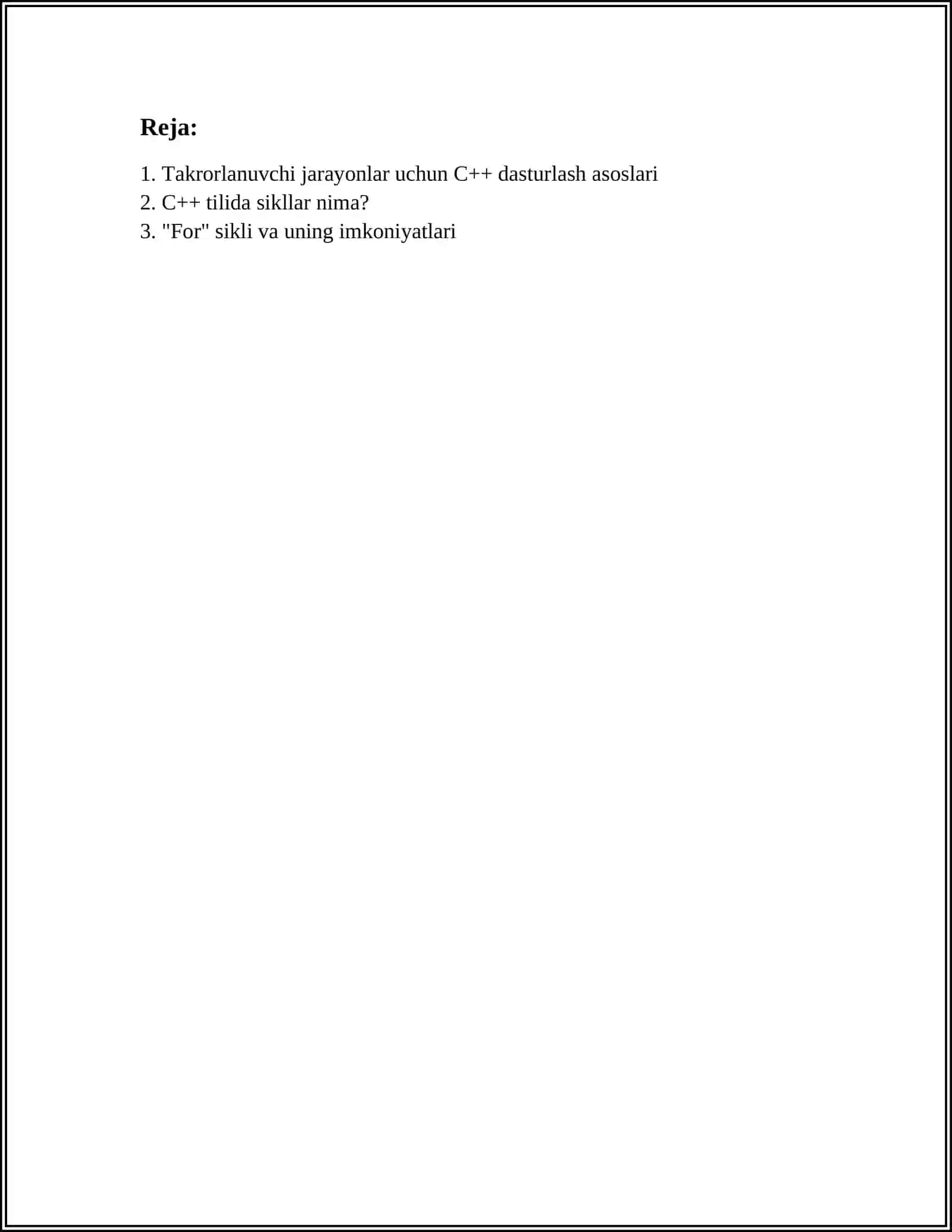 C++ TILIDA SIKLLARDAN FOYDALANIB TAKRORLANUVCHI JARAYONLARNI DASTURLASH 2