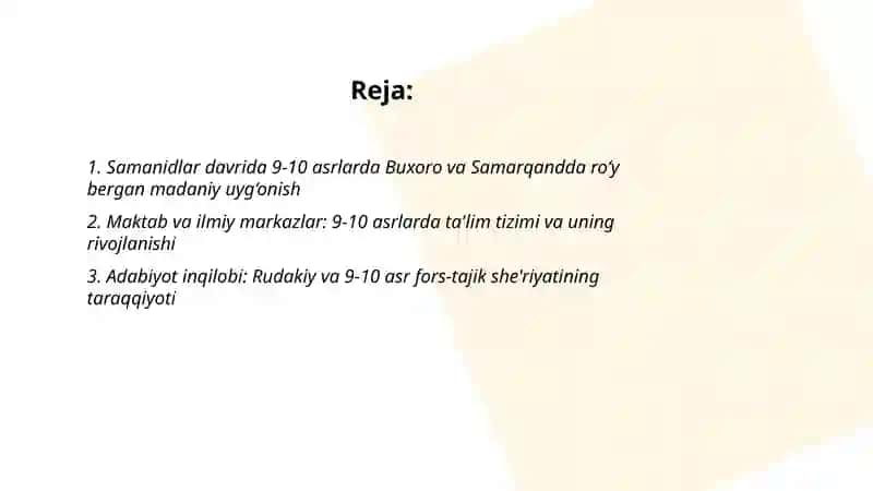 9-10 asrlarda mamlakatimiz hududida roʻy bergan madaniy uygʻonish. Buyuk allomalarning jahon svilizatsiyasiga qoʻshgan hissasi 2