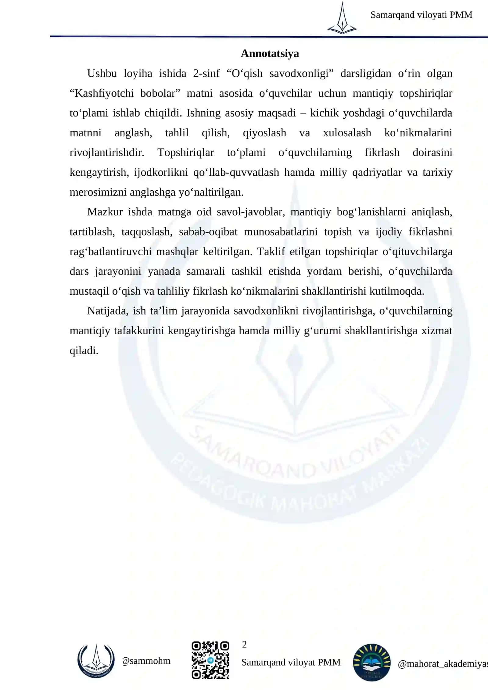 2-sinf "O‘qish savodxonligi" darsligidagi "Kashfiyotchi bobolar" matniga mantiqiy topshiriqlar to‘plamini tayyorlash 2