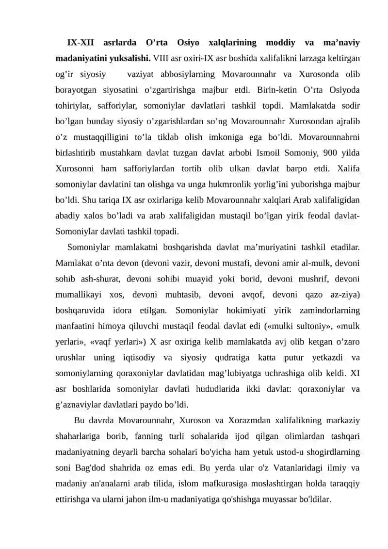 IX-XII ASRLARDA MAMLAKATIMIZ HUDUDIDA RO'Y BERGAN MADANIY UYG'ONISH (RENESSANS). BUYUK ALLOMALARNING JAHON SIVILIZATSIYASIGA QO'SHGAN HISSASI 2
