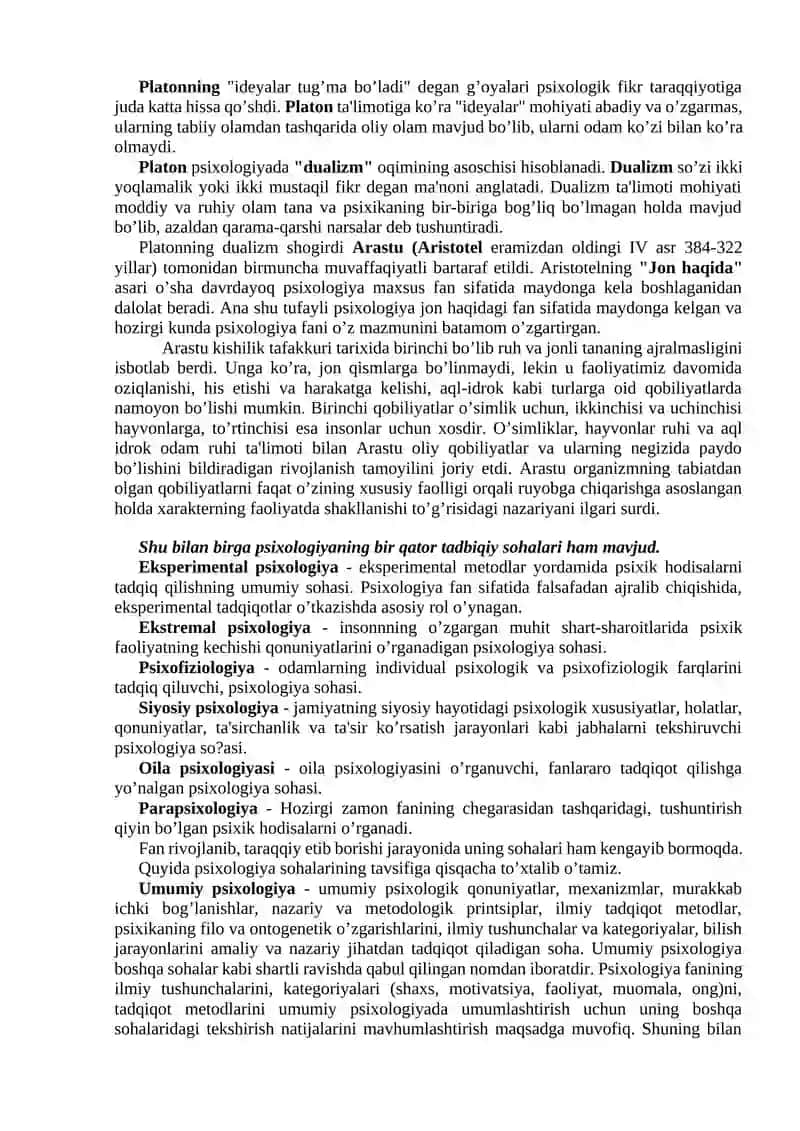 MAVZU PSIXOLOGIYA FANINING PREDMETI, RIVOJLANISH TARIXI SOHALARI VA TADQIQOT METODLARI 2