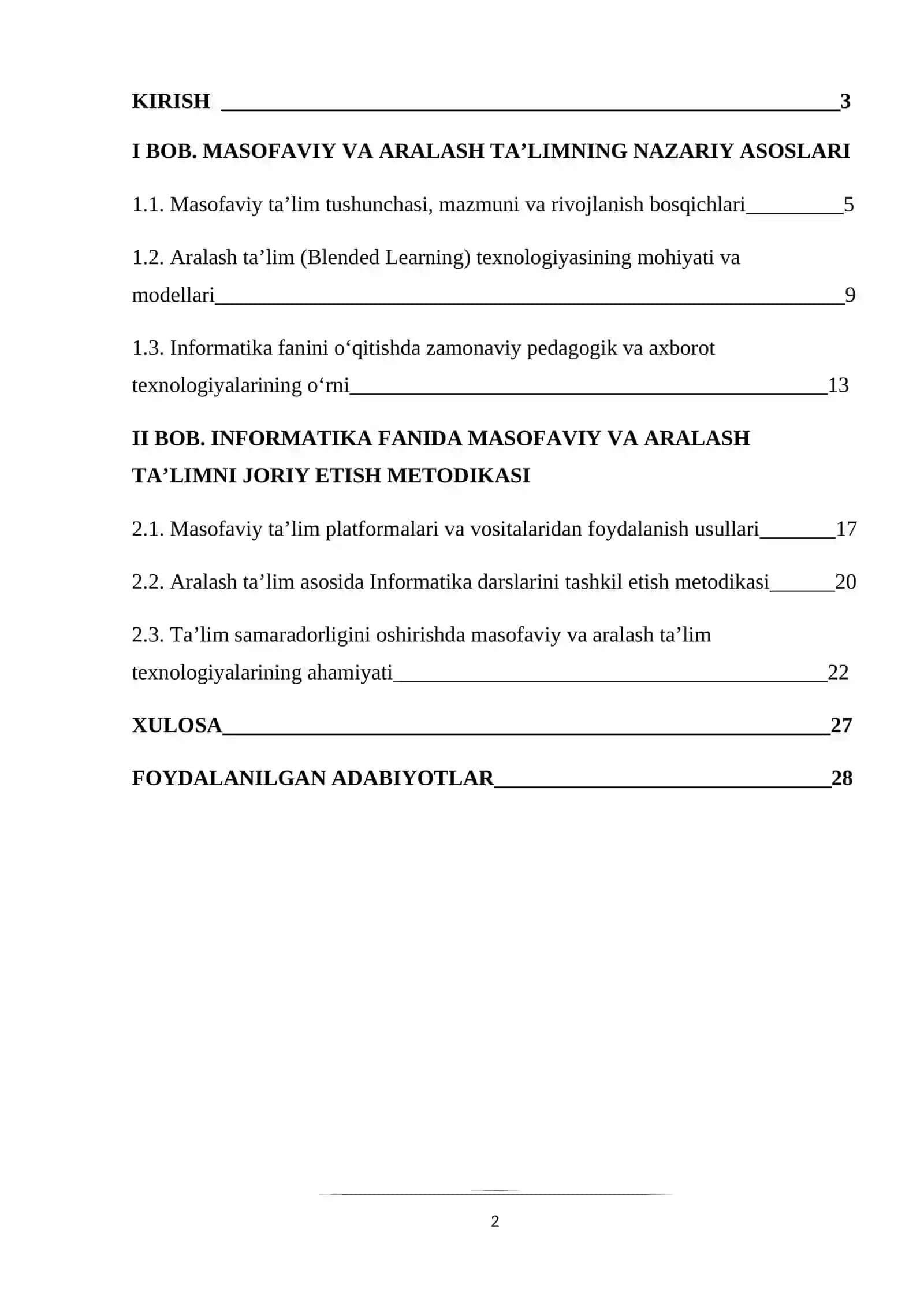 Uzluksiz ta’lim tizimida Informatika fanidan masofaviy va aralash ta’lim (Blended Learning) texnologiyalarini joriy etish 2