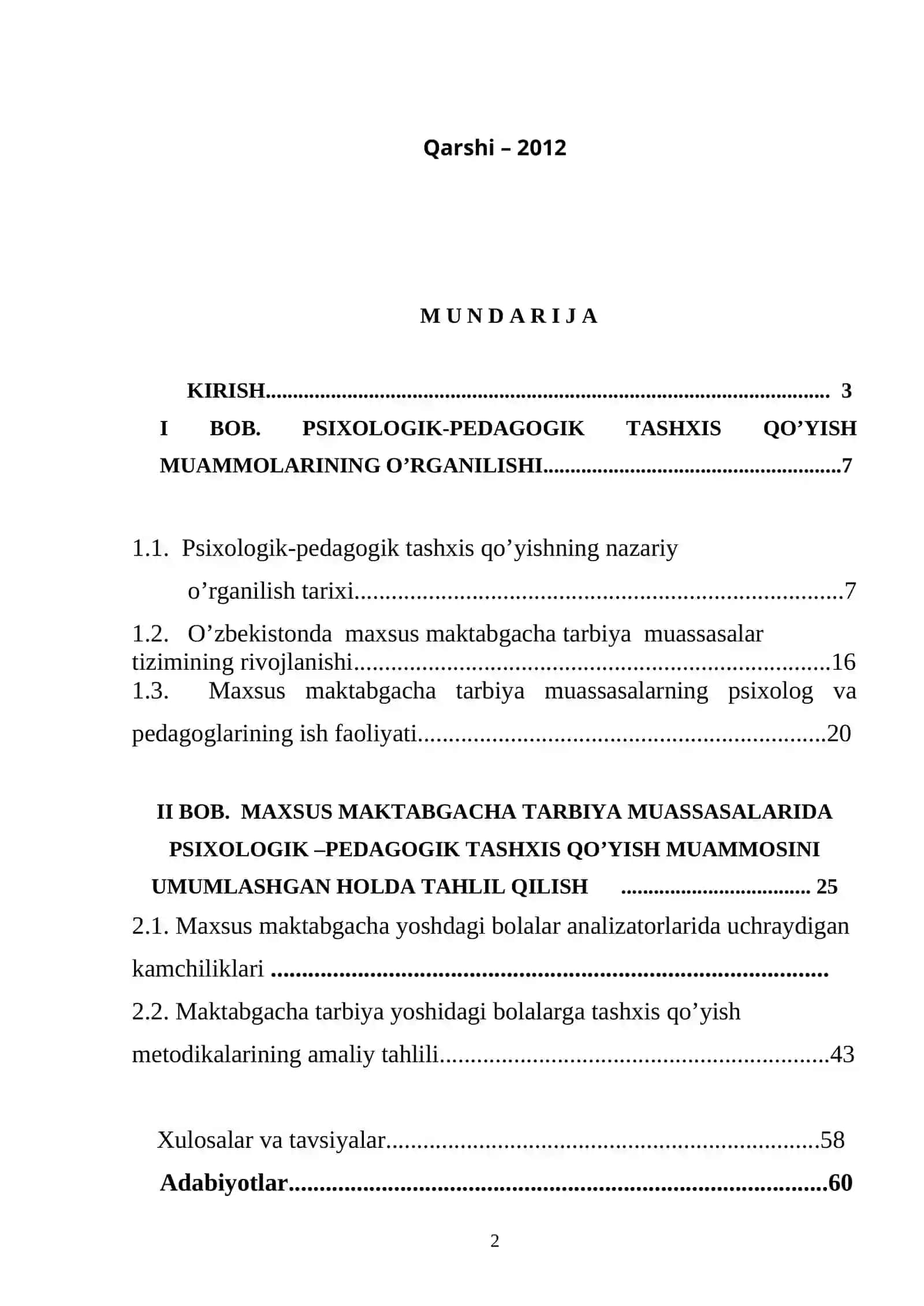 «MAXSUS MAKTABGACHA TARBIYA YOSHIDAGI BOLALARGA TASHXIS QO’YISHNING PEDAGOGIK-PSIXOLOGIK» BITIRUV MALAKAVIY ISH 2