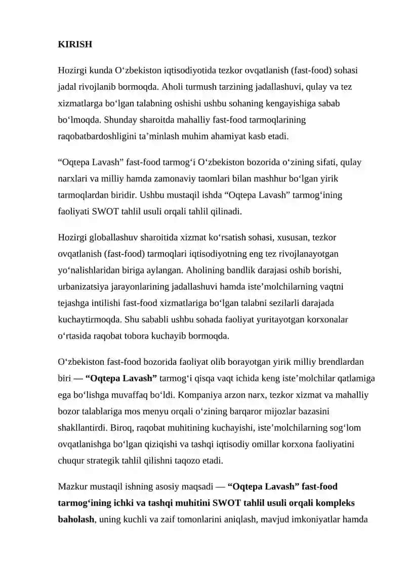 OQTEPA LAVASH FAST-FOOD TARMOQINING SWOT TAHLILI 2