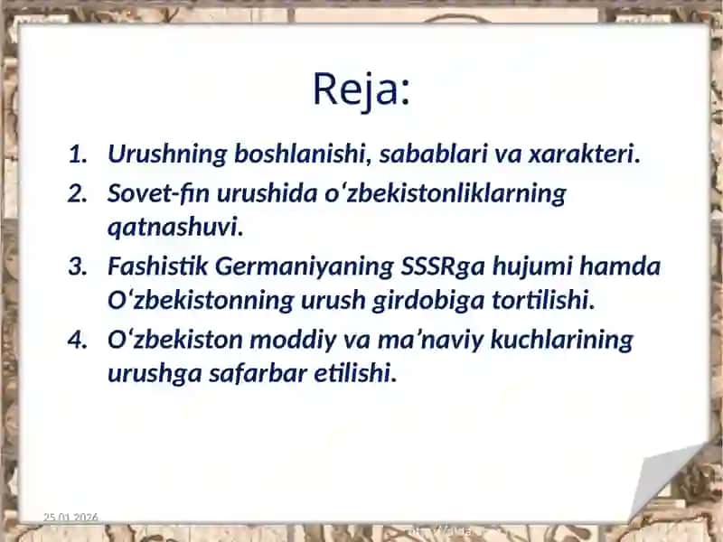 Ikkinchi jahon urushining boshlanishi hamda O‘zbekistonning urush girdobiga tortilishi 2
