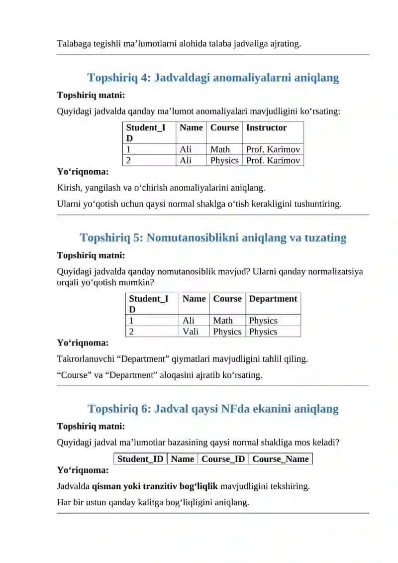 3- AMALIY DARS TOPSHIRIQLAR: Normalizatsiya Amaliyoti 2