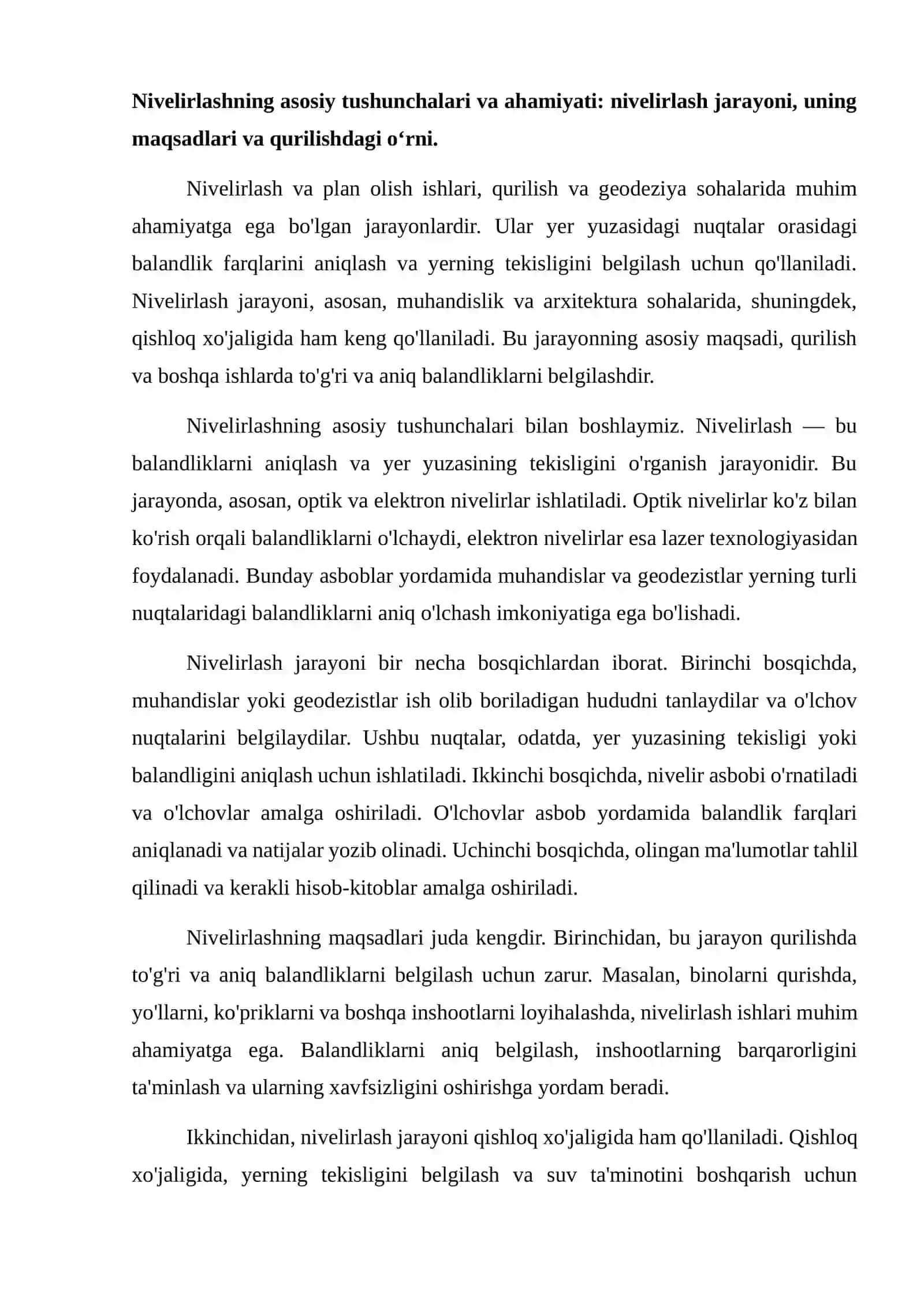 Nivelirlash va plan olish ishlari. Trassani nivelirlash. 2