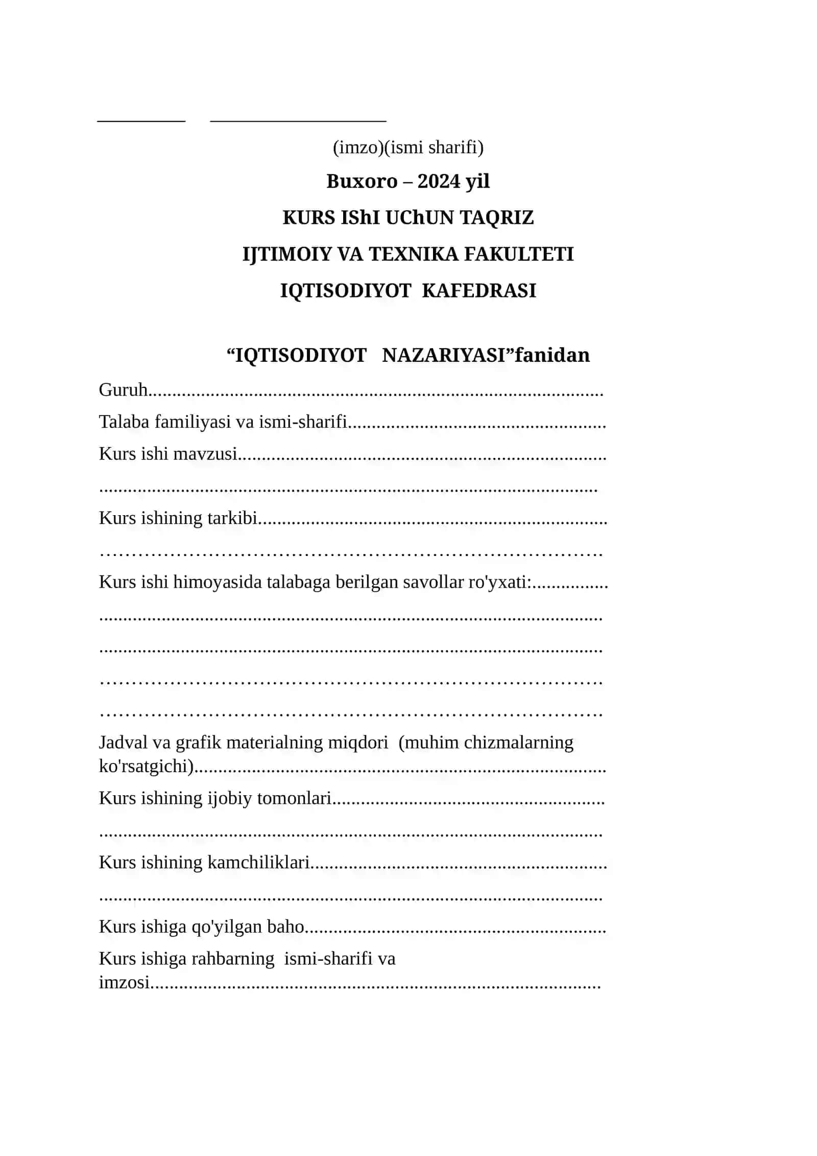 IQTISODIYOT NAZARIYASI fanidan KURS ISHI 2