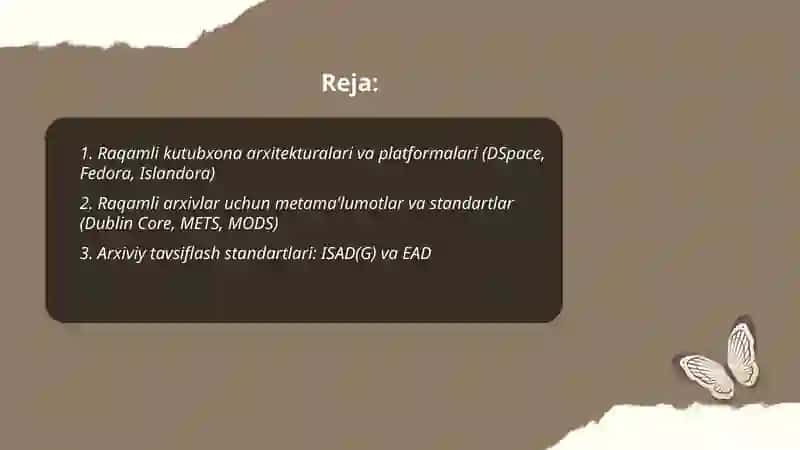 Raqamli kutubxona arxitekturalari va platformalari (DSpace, Fedora, Islandora) 2