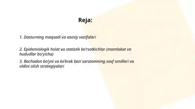 Bachadon boʻyni va koʻkrak bezi saratonini nazorat qilish dasturi 2
