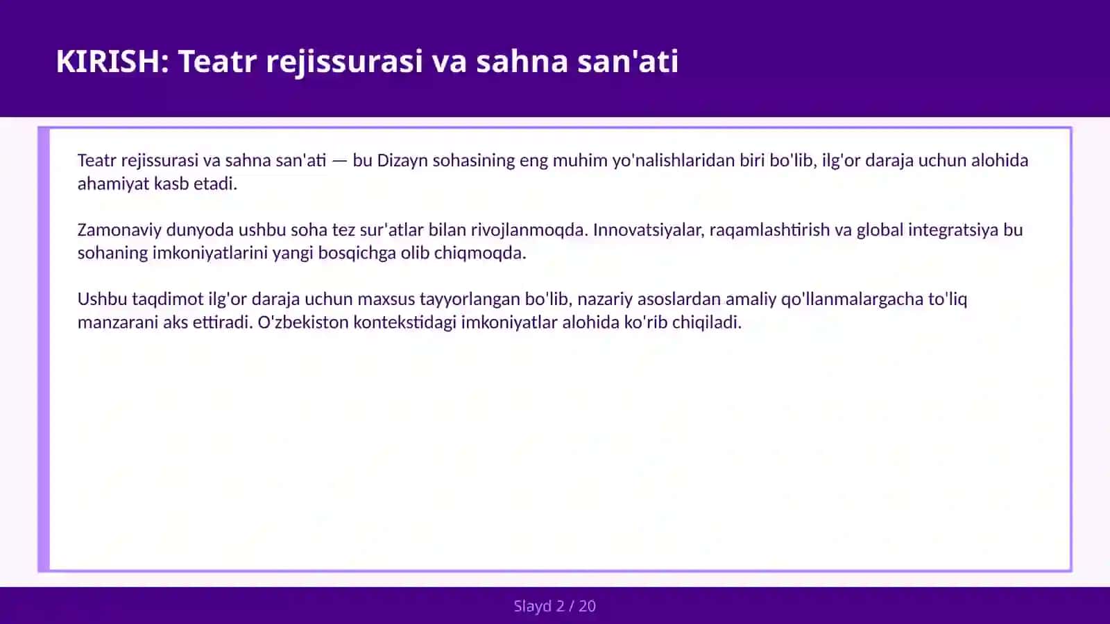 KIRISH: Teatr rejissurasi va sahna san'ati 2