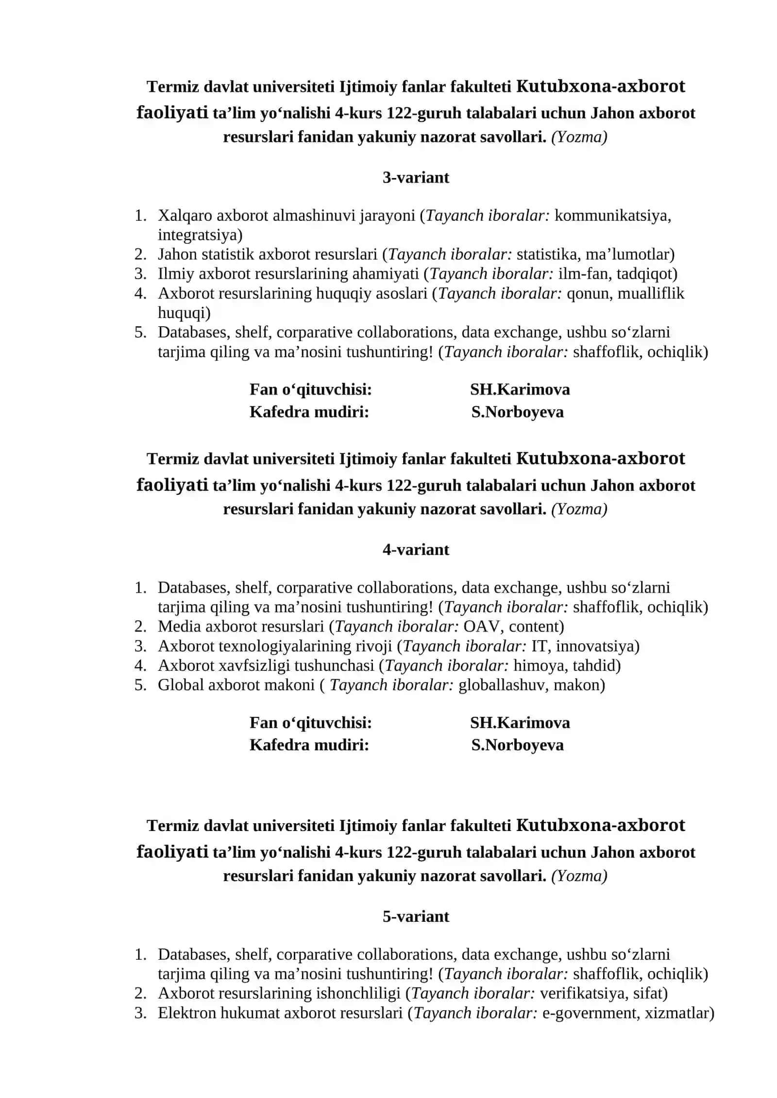 Jahon axborot resurslari fanidan yakuniy nazorat savollari 2