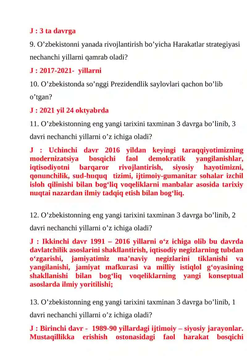 “O’zbekistonning eng yangi tarixi” fanidan nazorat savollari . 2