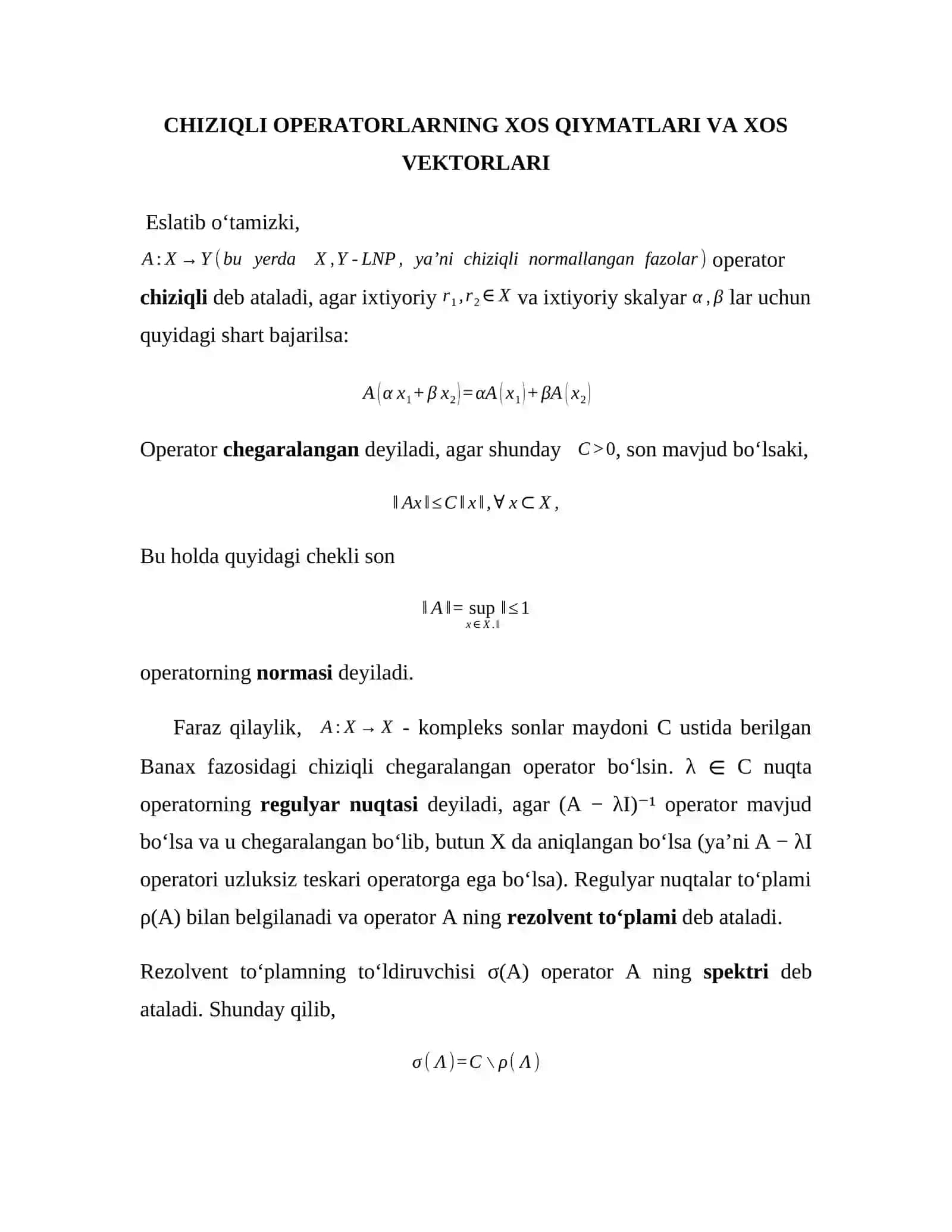 CHIZIQLI OPERATORLARNING XOS QIYMATLARI VA XOS VEKTORLARI 2