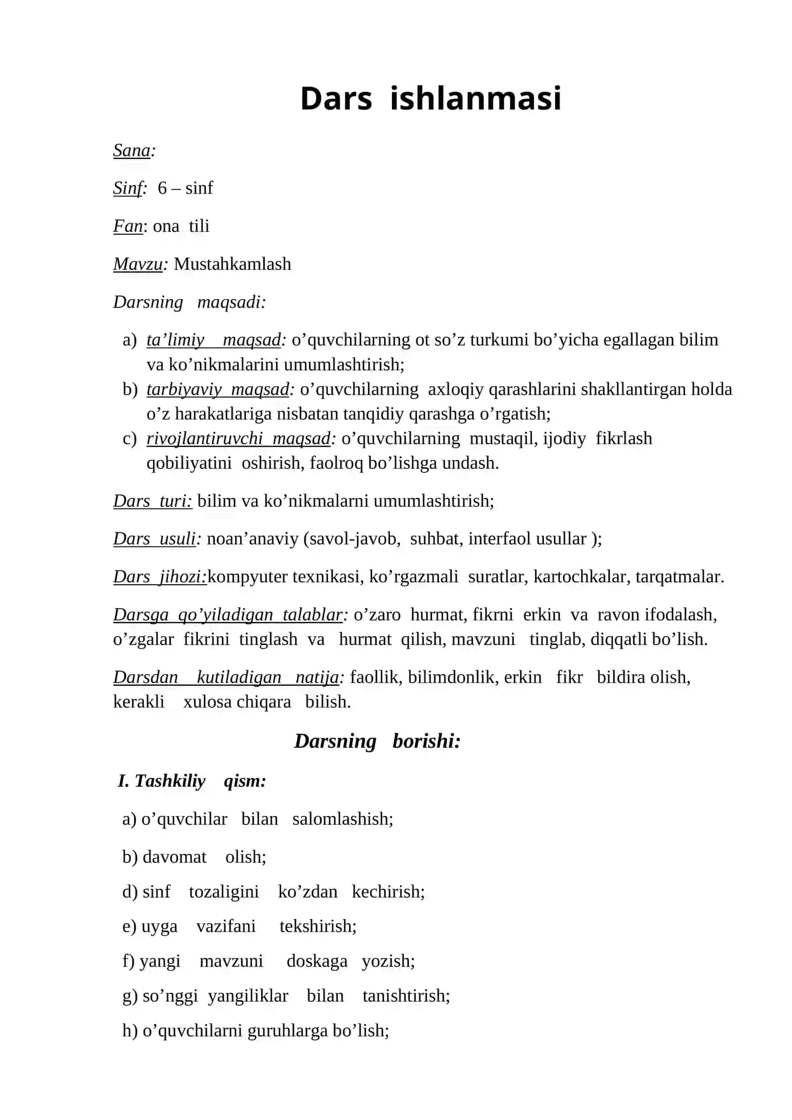 6-sinf Ona tili Ot so'z turkumi mustahkamlash mavzusida dars ishlanma 2