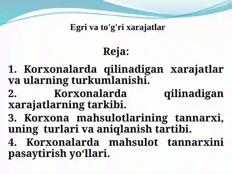 Korxonalarda mahsulotlar tannarxi 2