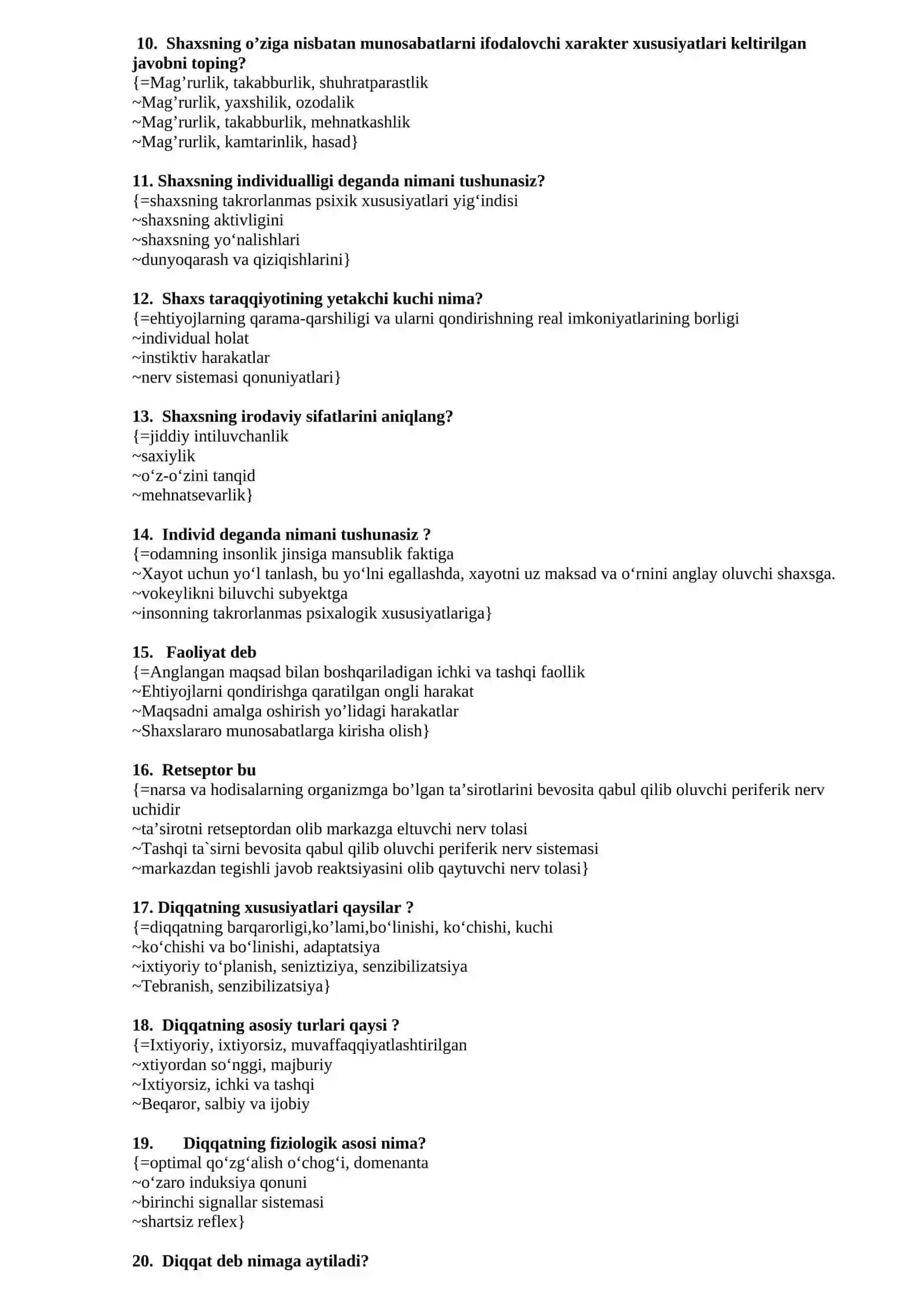 PSIXOLOGIYA TEST SAVOLLARI VA JAVOBLARI 2