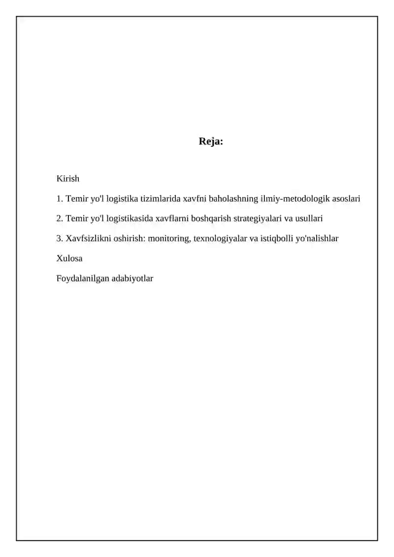 Temir yo‘l logistika tizimlarida risklarni baholash va boshqarishning ilmiy-uslubiy asoslari 2