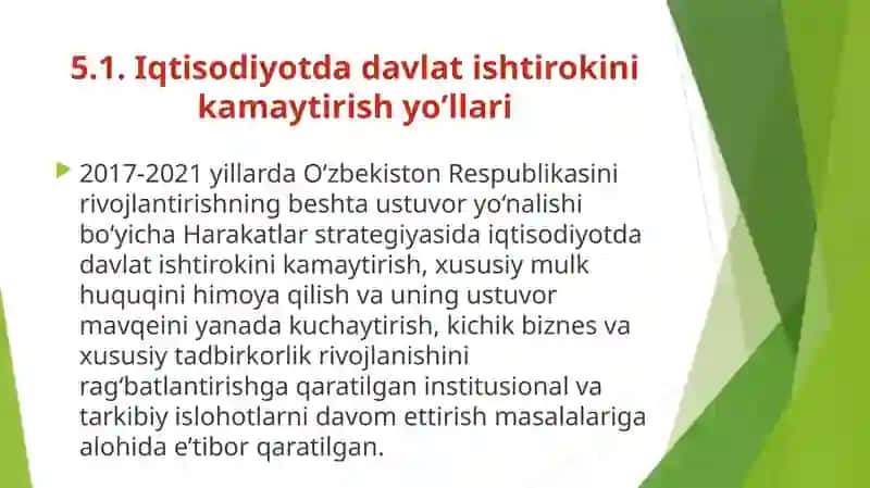 Iqtisodiyotda davlat ishtirokini kamaytirish, xususiy mulk huquqini himoya qilish institusional va tarkibiy islohotlarni davom ettirish 2