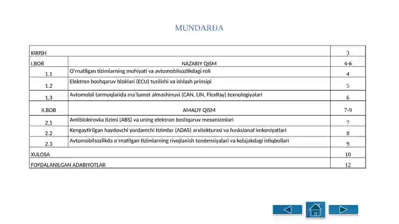 AVTOMOBILSOZLIKDA O‘RNATILGAN TIZIMLAR (ECU, ABS, ADAS) KURS ISHI 2