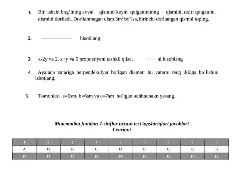Matematika fanidan 7-sinflar uchun test topshiriqlari 2