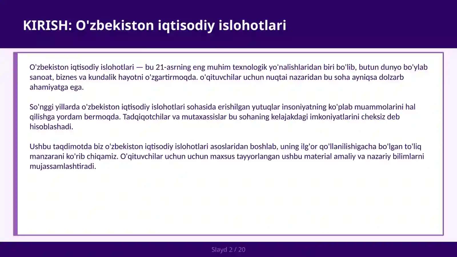 O'ZBEKISTON IQTISODIY ISLOHOTLARI 2030 maqsadlari va raqamlashtirish — o'qituvchilar uchun 2