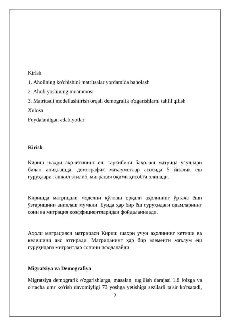 Matritsalar yordamida aholi migratsiyasini baholash 2