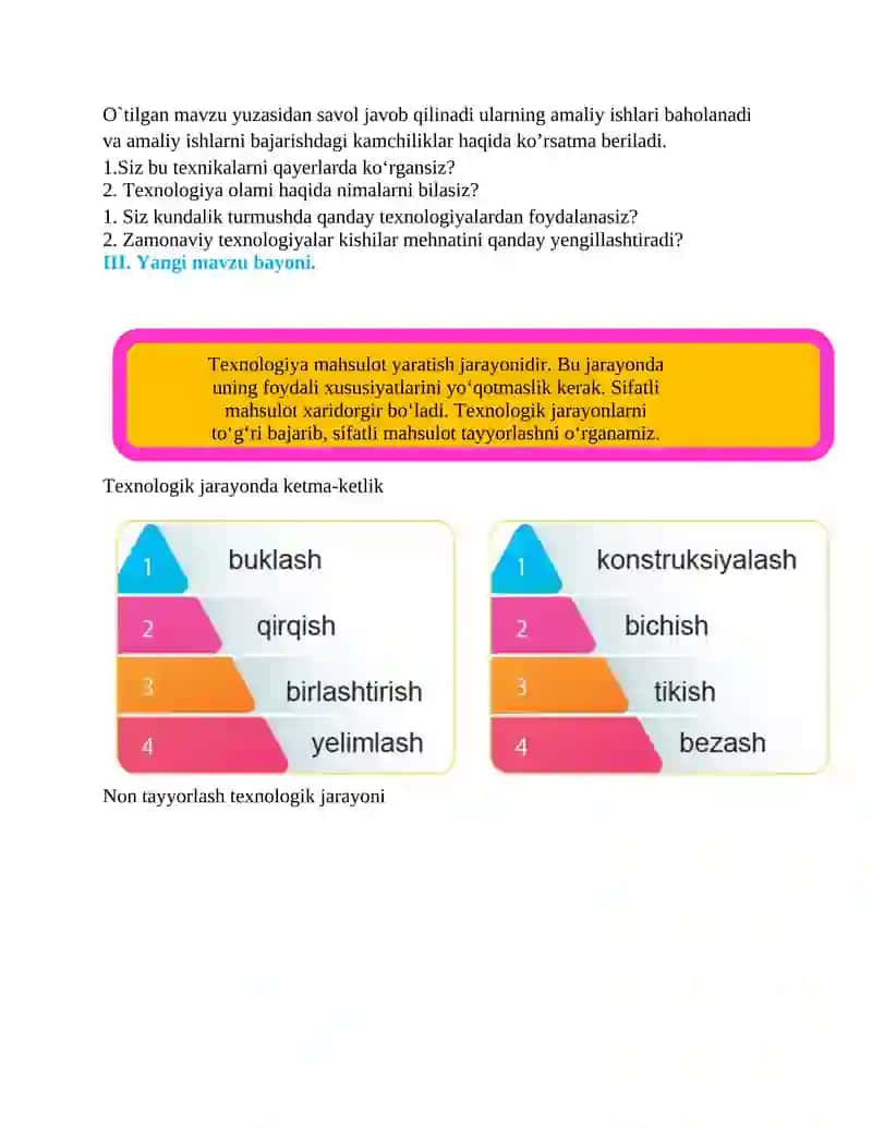1-sinf Texnologiya fanidan Texnologik jarayon dars ishlanmasi 2