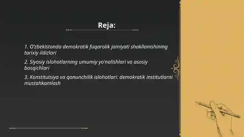 Oʻzbekistonda demokratik fuqarolik jamiyati asoslarining shakllanishi,amalga oshirilgan siyosiy islohotlar 2