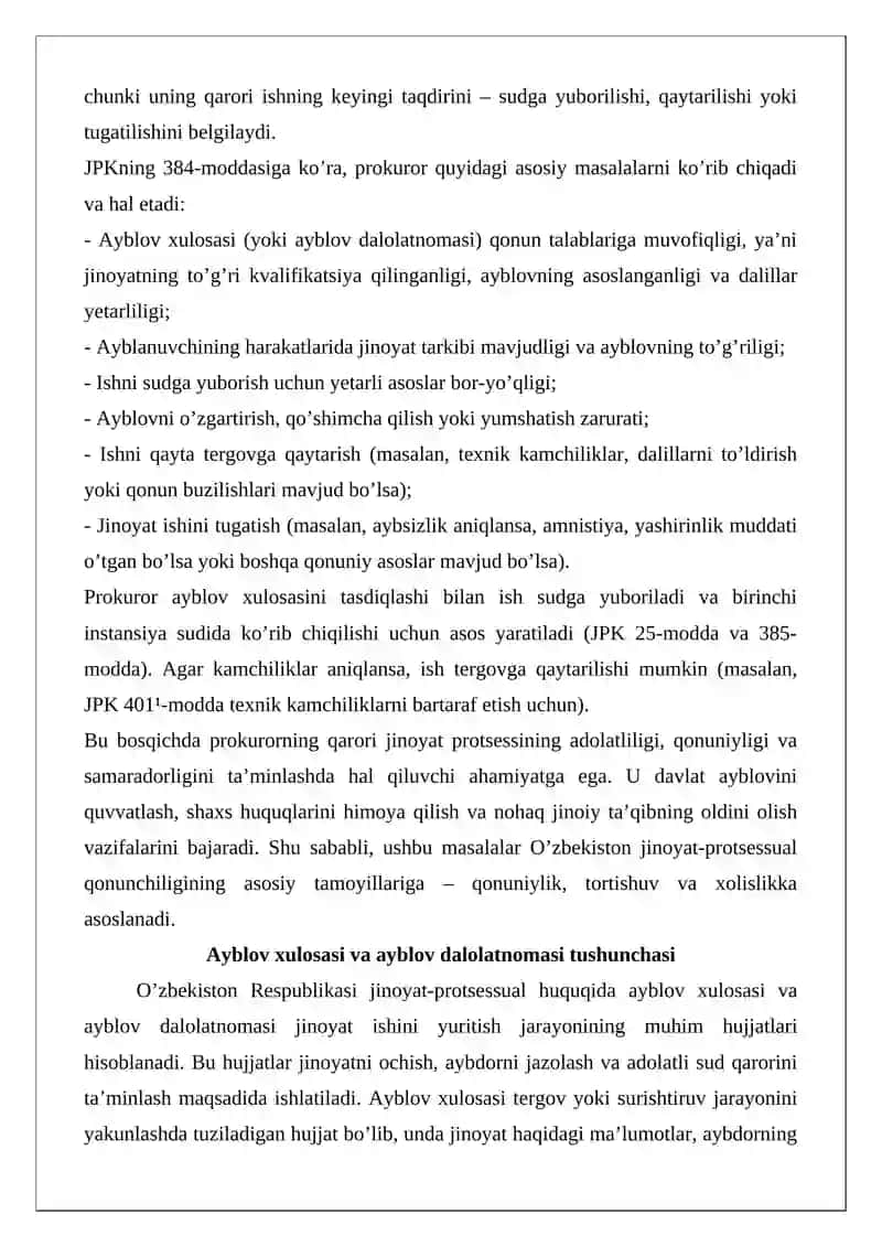Ayblov xulosasi va ayblov dalolatnomasi bilan kelgan jinoyat ishi yuzasidan prokuror hal etishi lozim bo'lgan masalalar 2