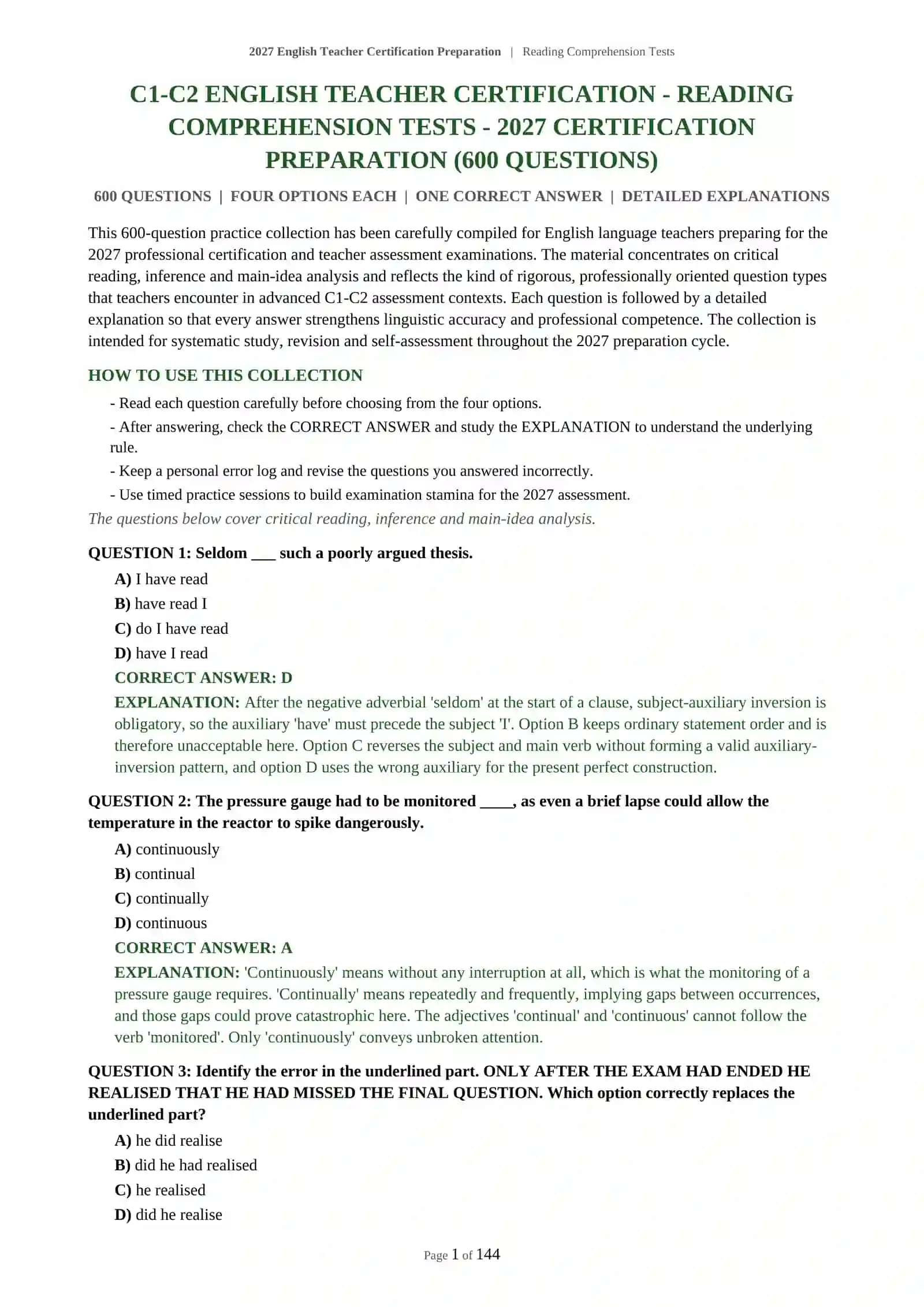 2027 English Teacher Certification Preparation | Reading Comprehension Tests 2