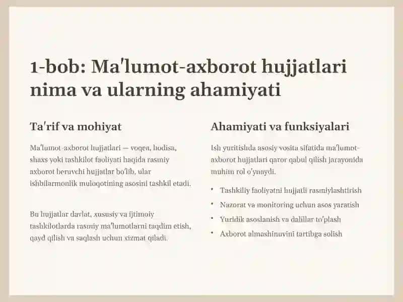 Ma'lumot-axborot hujjatlari va O'zbek tilining sohada qo'llanilishi 2