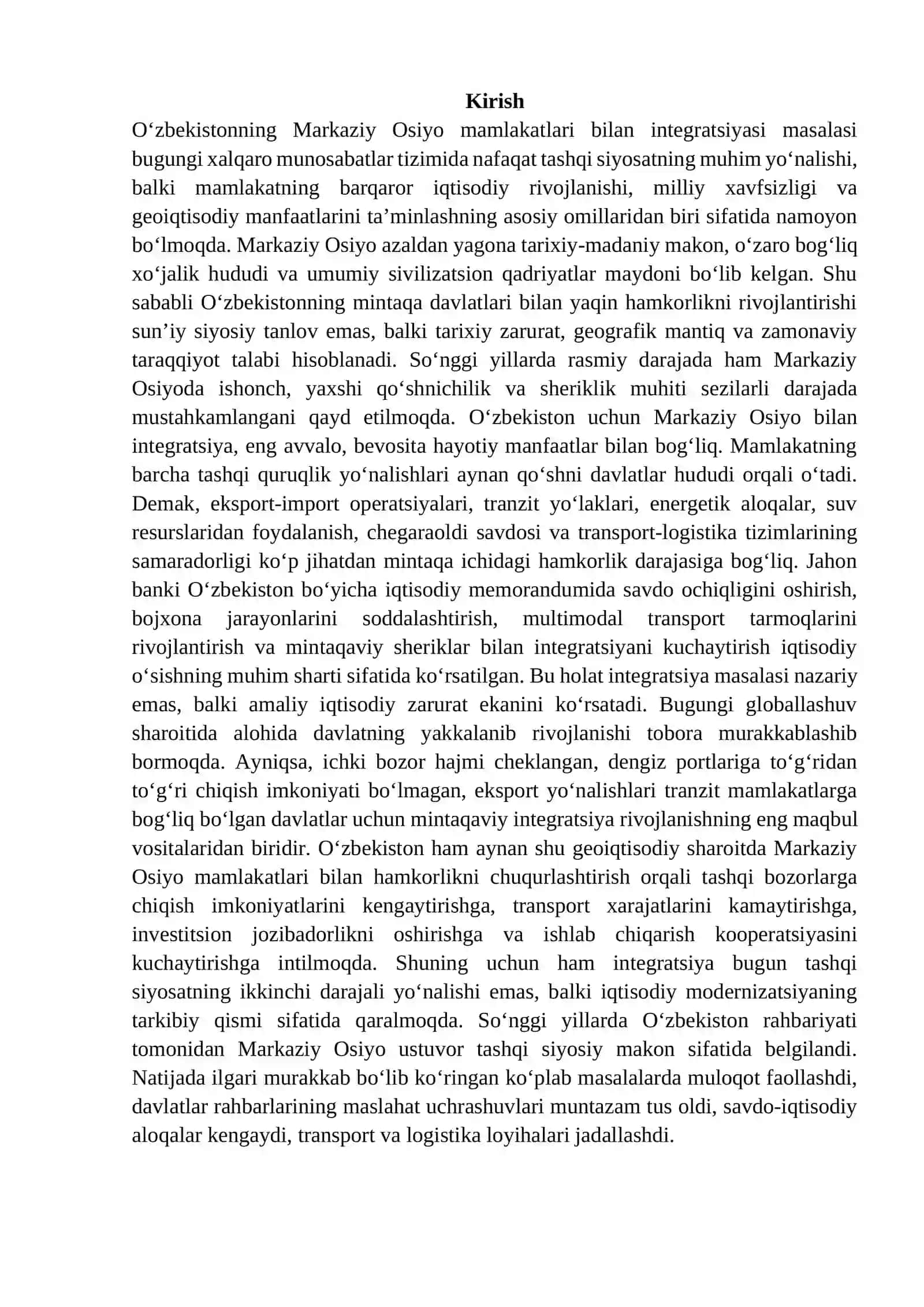 : O‘zbekistonning Markaziy Osiyo mamlakatlari bilan integratsiyasi
Reja: 2
