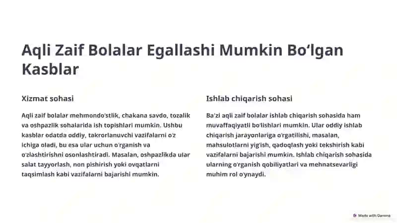 Aqli Zaif Bolalar Uchun Kasbiy Yoʻnalish: Imkoniyatlar va Qoʻllab-quvvatlash 2