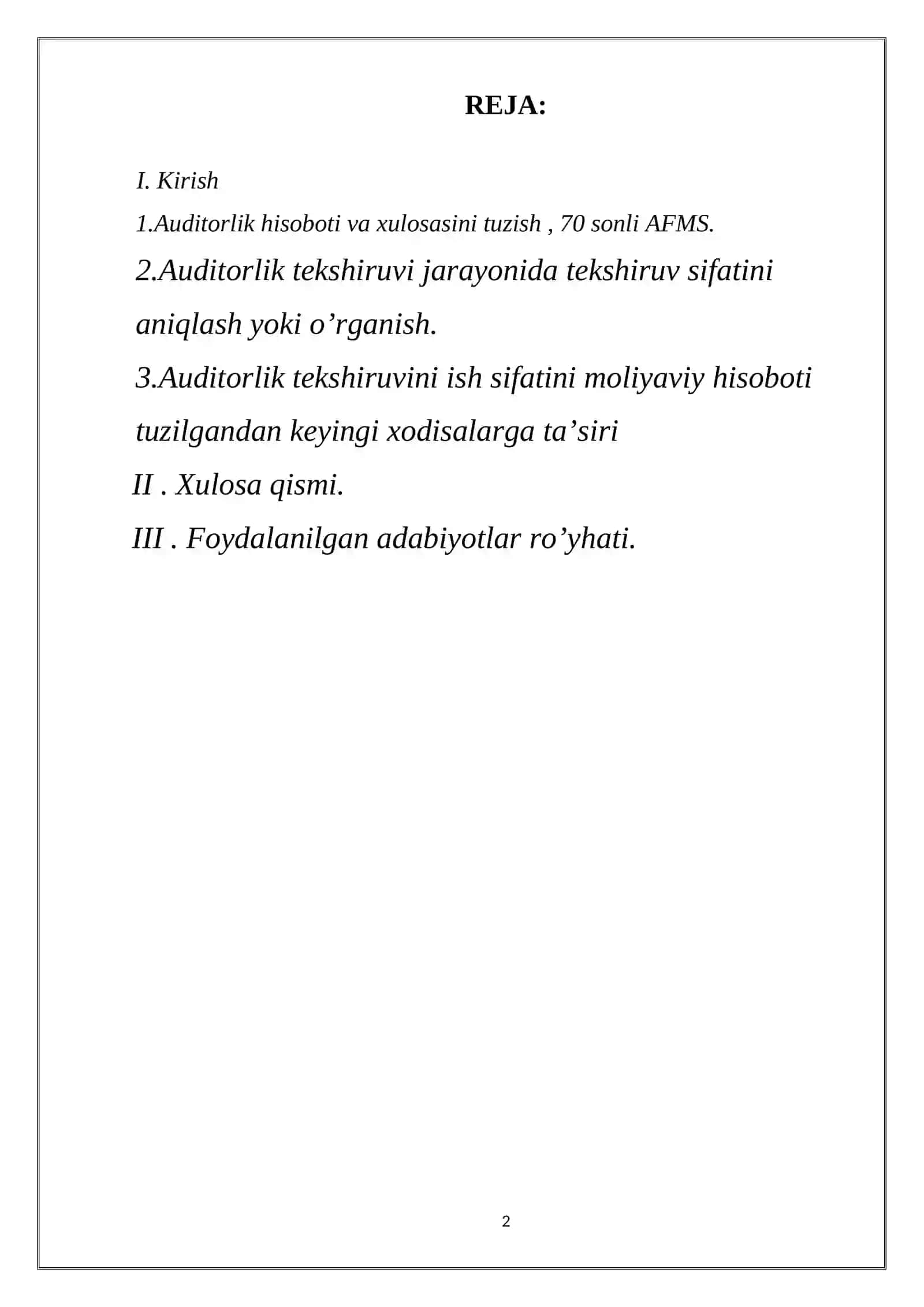“MOLIYAVIY HISOBOT TUZILGANDAN KEYINGI XODISALAR VA ULARNING AUDITORLIK HULOSASIGA TA’SIRI” MAVZUSIDAGI KURS ISHI 2