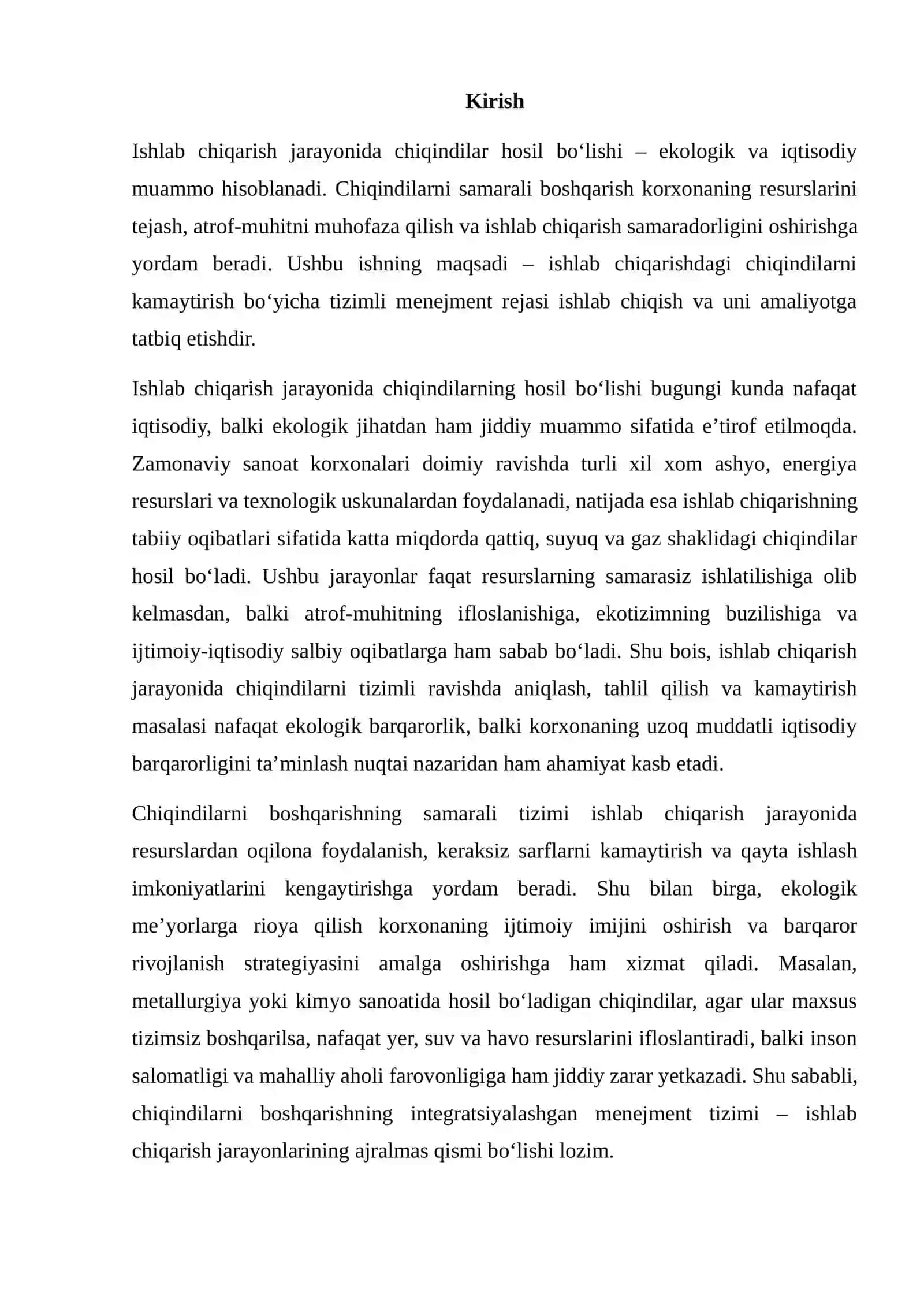 Ishlab Chiqarishdagi Chiqindilarni Kamaytirish Bo‘yicha Menejment Rejasi 2