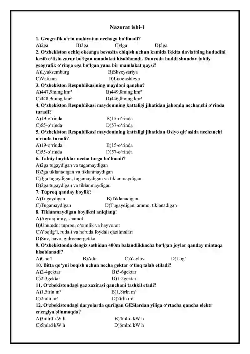 Geografiya fanidan 8-sinf nazorat ishi to`plami. 2-variant. 2