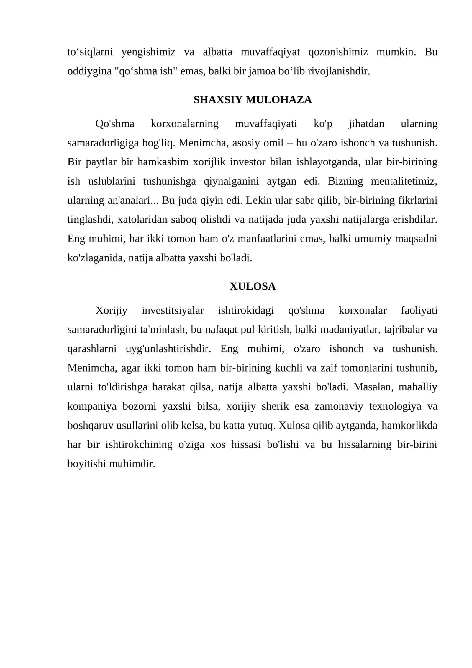 XORIJIY INVESTITSIYA ISHTIROKIDAGI QO'SHMA KORXONALAR FAOLIYATINI SAMARADORLIGINI TA'MINLASH 2