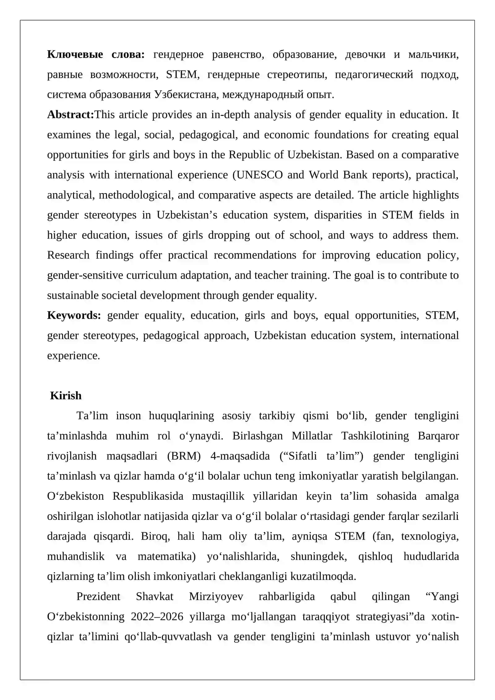 Ta’limda gender tengligi: qizlar va o‘g‘il bolalar uchun teng imkoniyatlar 2