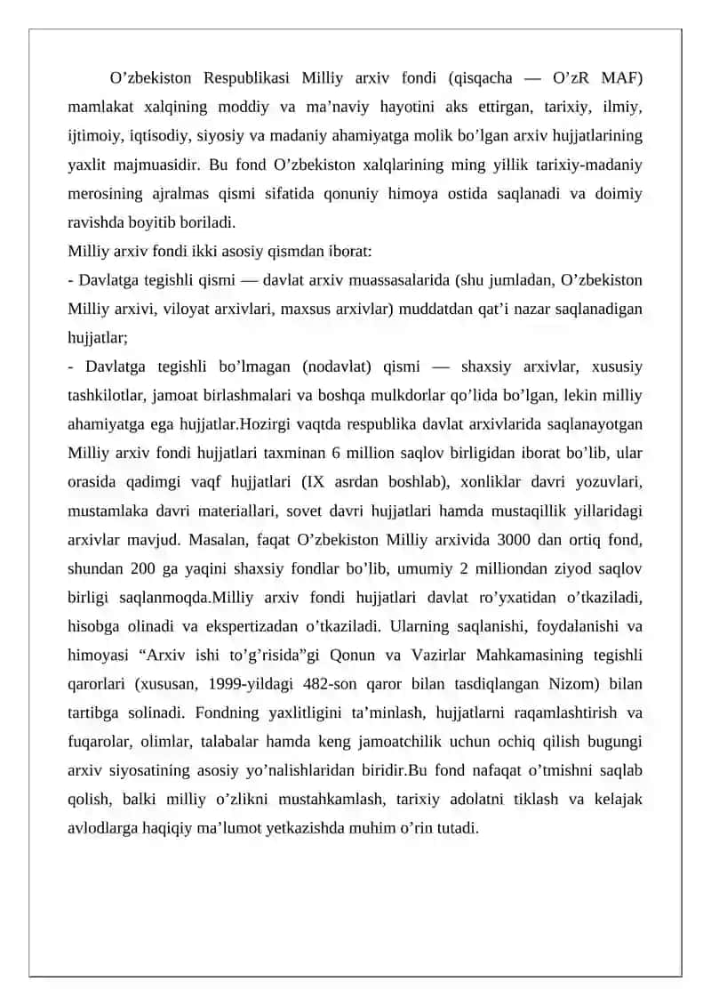 O’zbekiston Respublikasi Milliy arxiv fondi va Milliy arxivlari fondlari 2