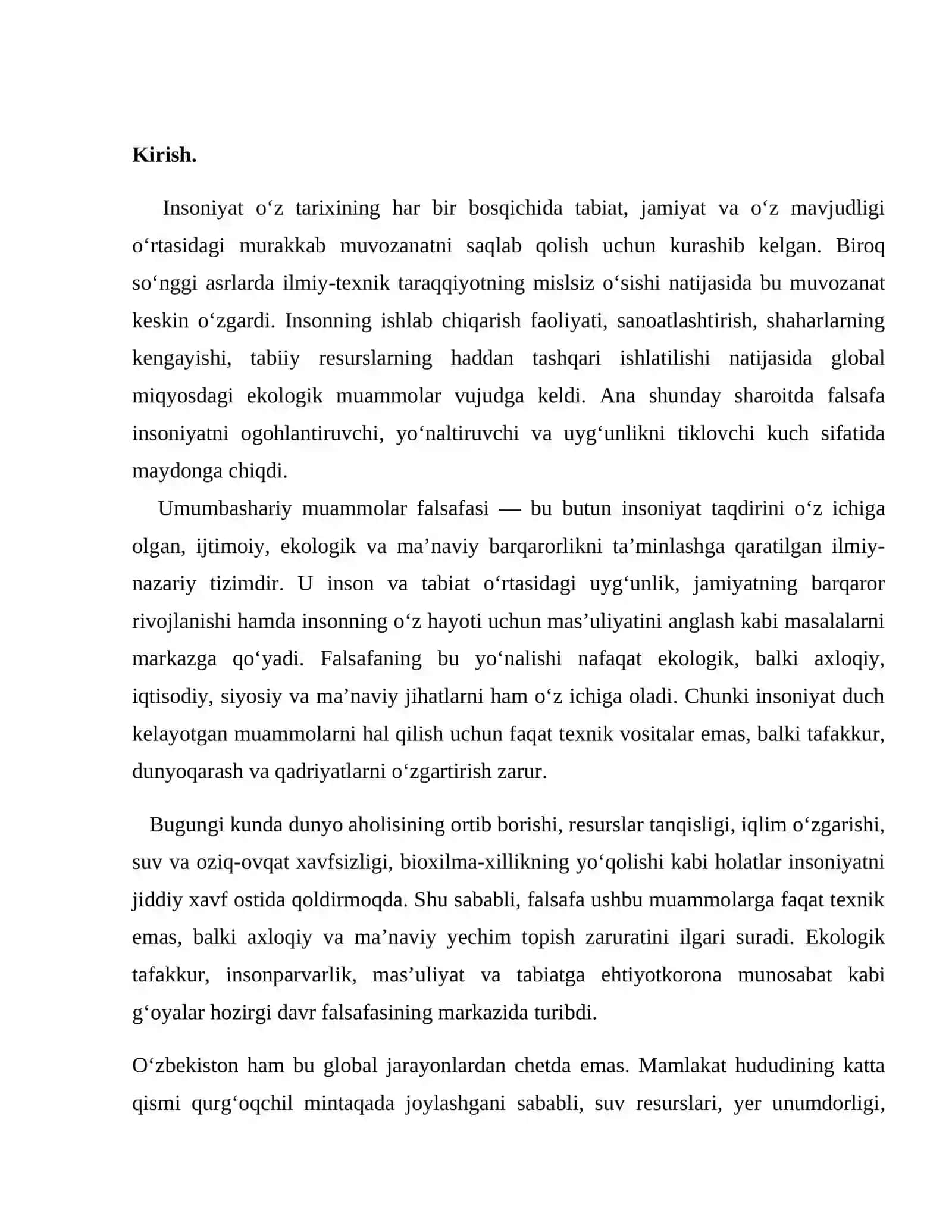 Umumbashariy muammolar falsafasi: O‘zbekistonda tabiat, jamiyat va insonni asrash 2